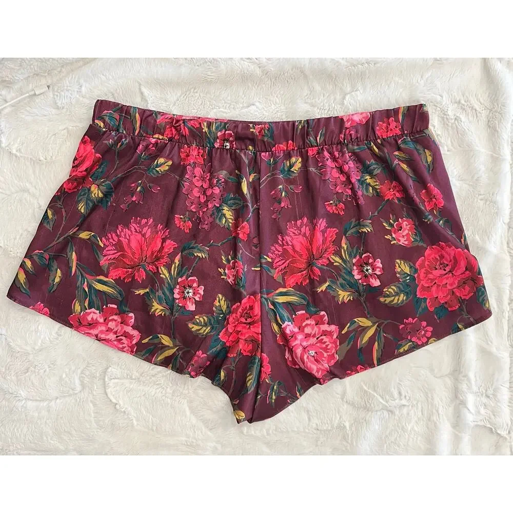 Victoria’s Secret Pajama Set Sz L/XL Slit Shorts Long Sleeve Top Burgundy Floral